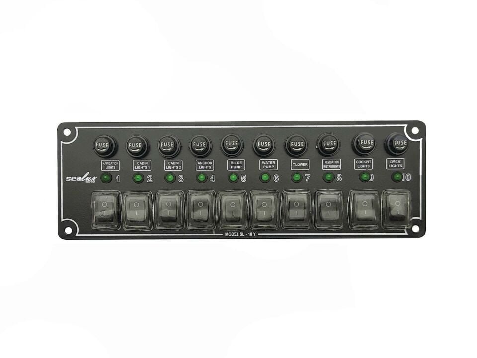 10 ANAHTARLI İZOLELİ YATAY SWITCH PANEL / TEKNE ve KARAVAN SİGORTA PANELİ / ELEKTRİK KUMANDA PANELİ
