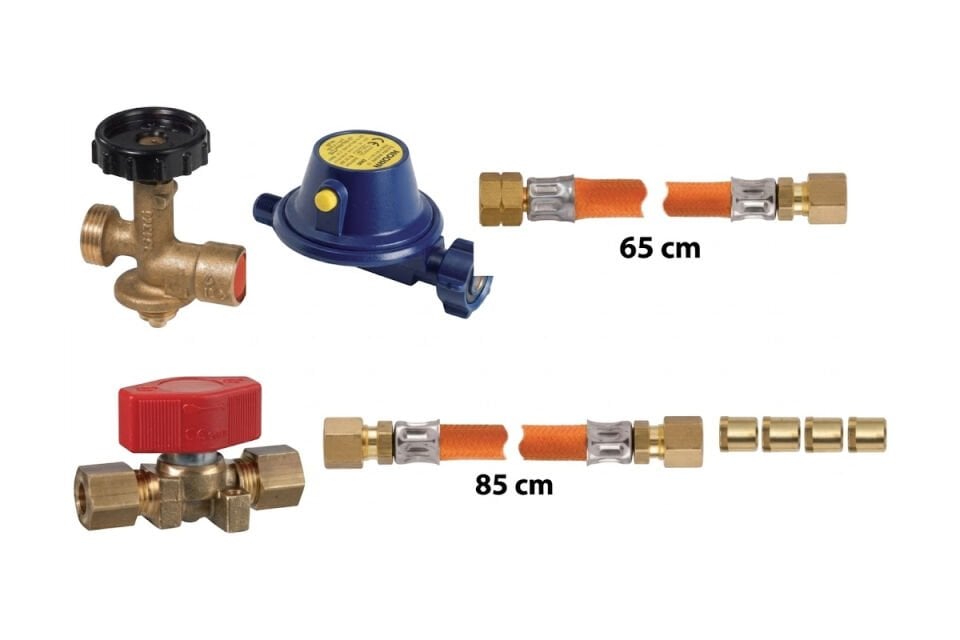Marin Tekne Yat ve Karavan Tipi Tüpgaz LPG Bağlantı Tesisat Kiti - Regülatör (Dedantör), Emniyet Vanası ve Hortum Seti (65cm + 85cm)