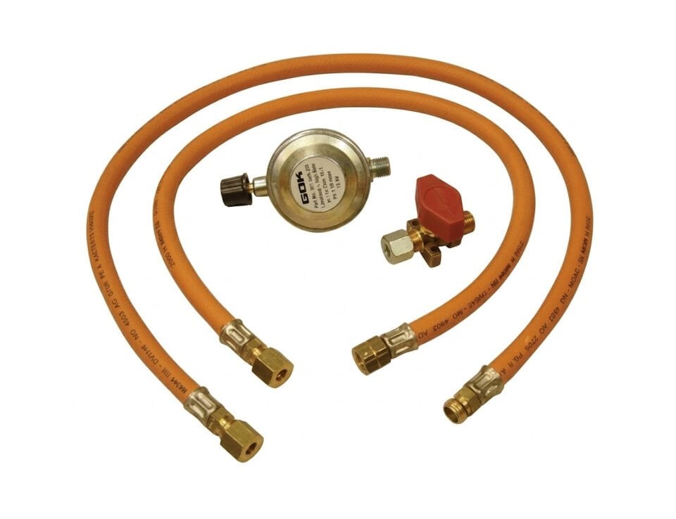 Marin Tekne Yat ve Karavan Tipi Tüpgaz LPG Kiti - ISO 10239 Standardı  30 mbar Dedantör, Çift Hortum ve Vana Seti (65cm + 85cm)