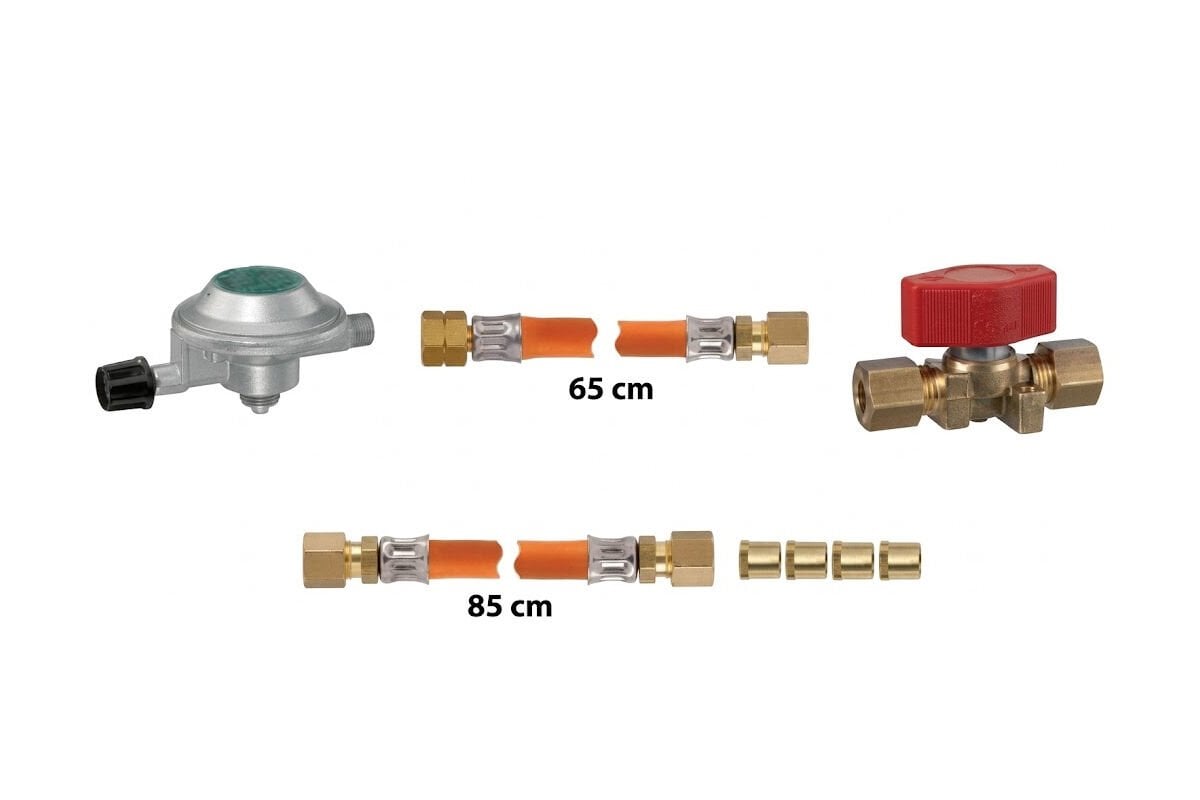 Marin Tekne Yat ve Karavan Tipi Tüpgaz LPG Kiti - ISO 10239 Standardı  30 mbar Dedantör, Çift Hortum ve Vana Seti (65cm + 85cm)