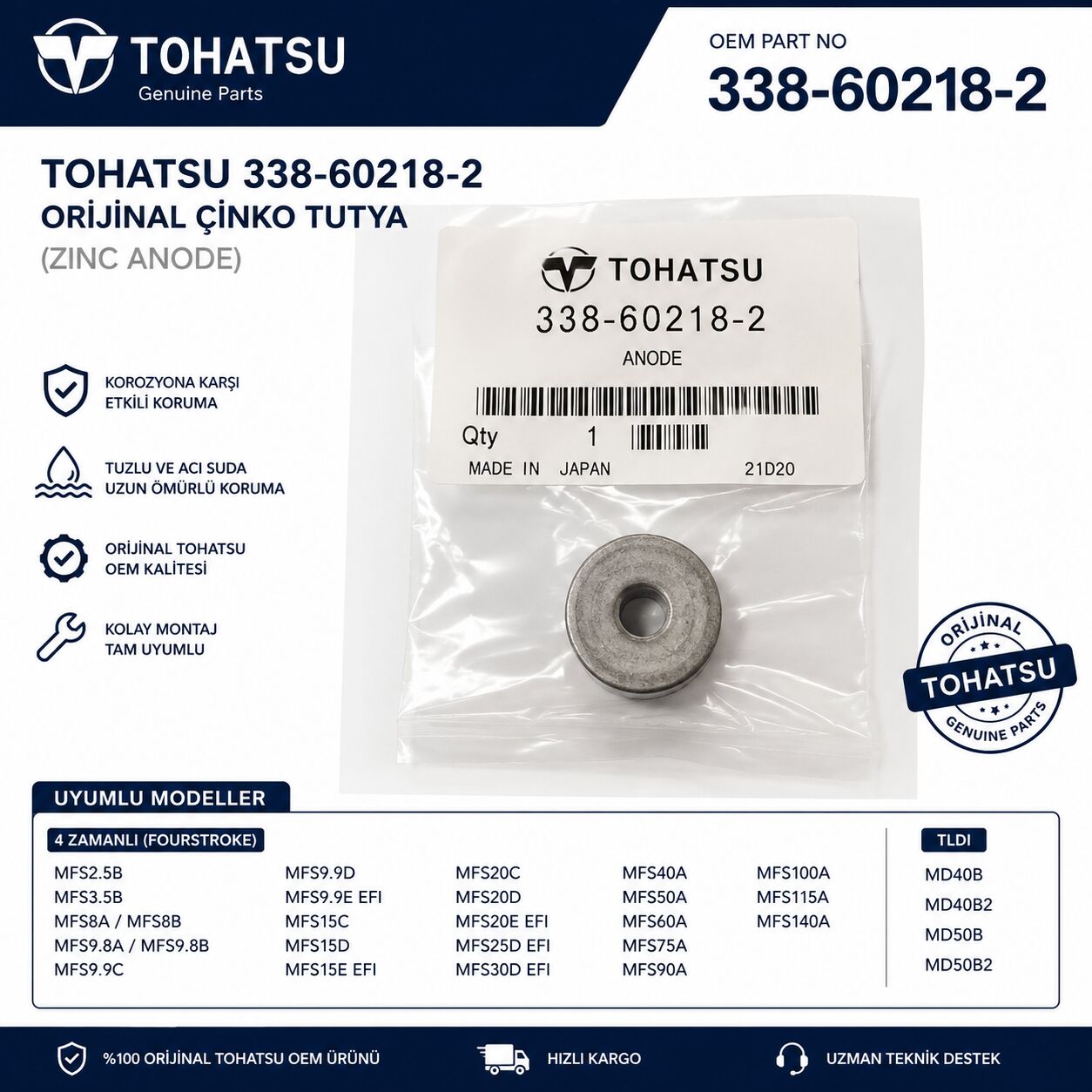 Tohatsu 338-60218-2 Orijinal Çinko Tutya (OEM Zinc Anode)