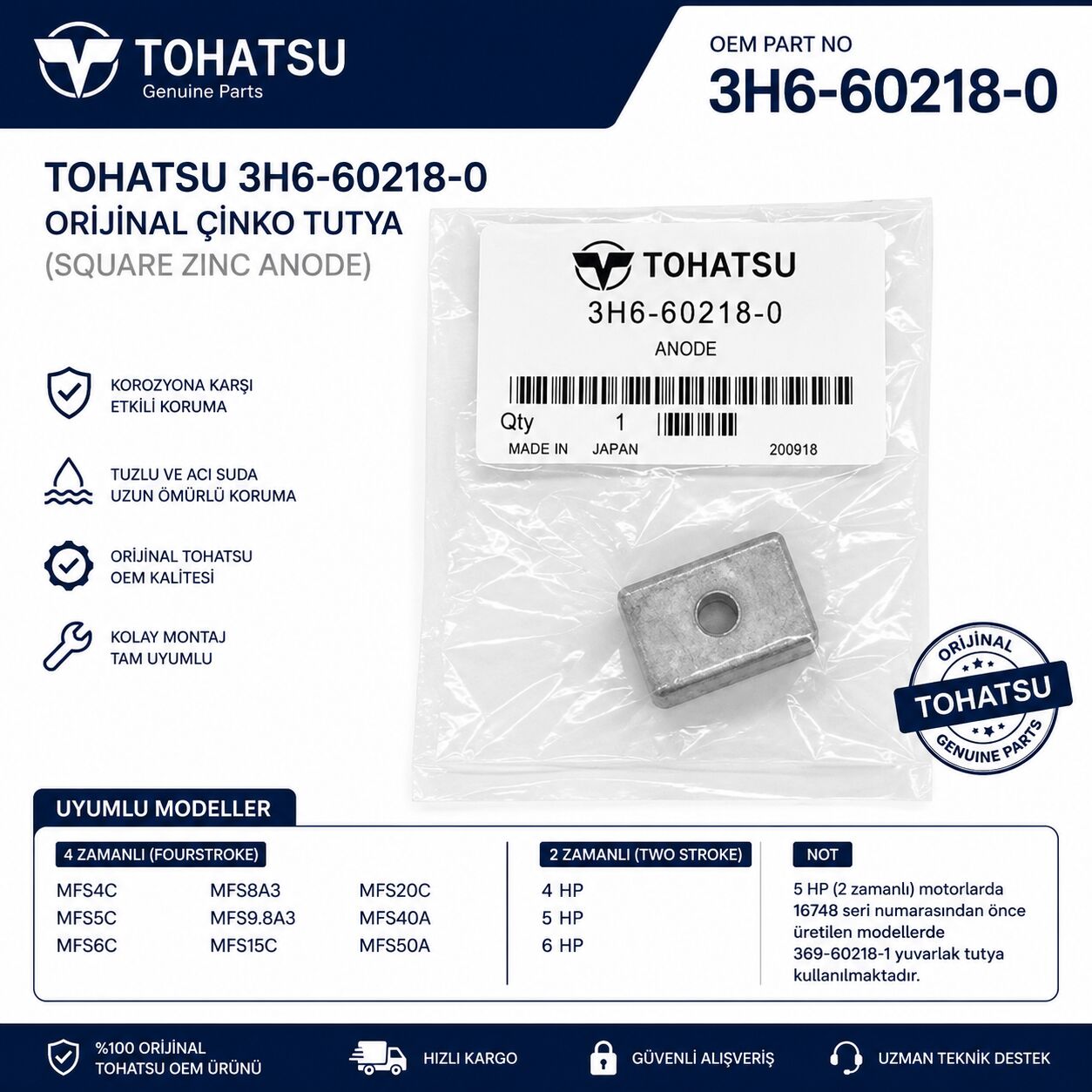 Tohatsu 3H6-60218-0 Orijinal Çinko Tutya (Square Zinc Anode)