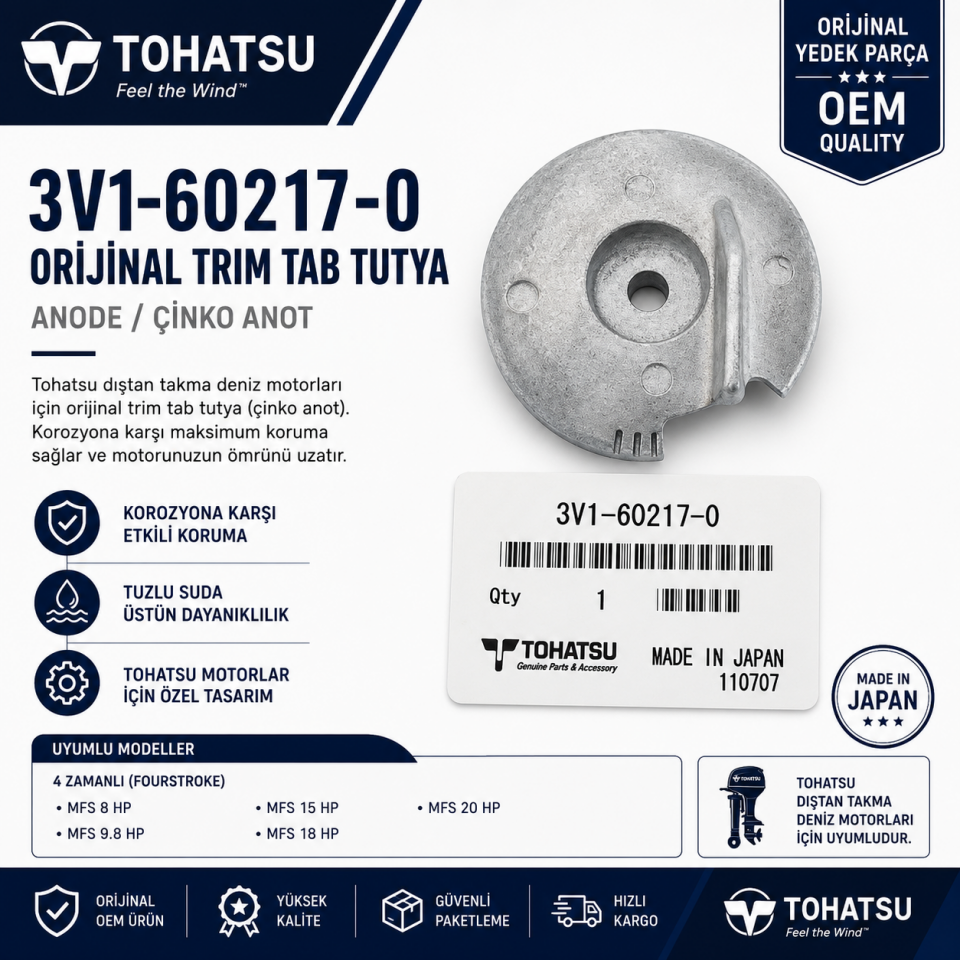 Tohatsu 3V1-60217-0 Orijinal Trim Tab Tutya (Çinko Anot)