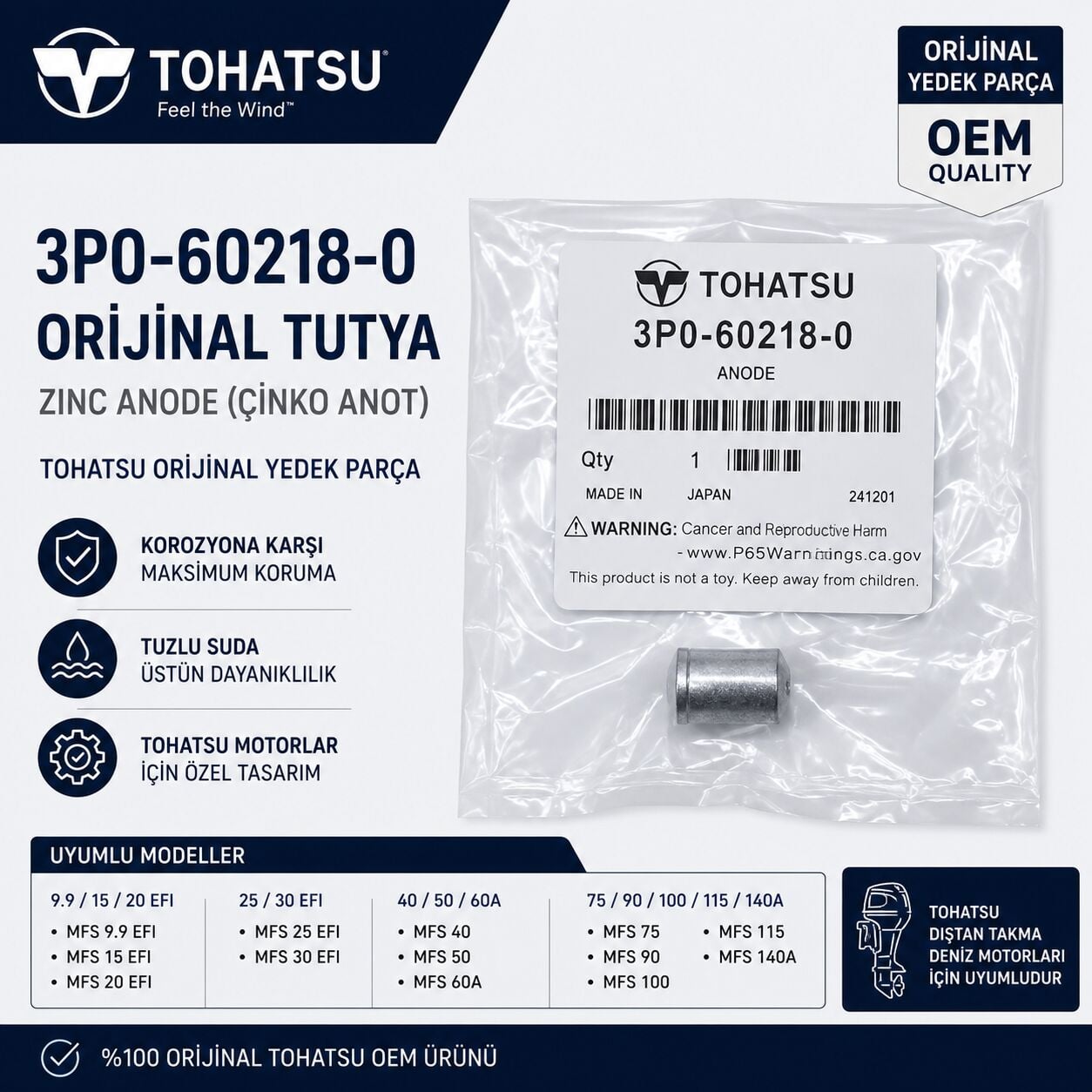 Tohatsu 3P0-60218-0 Orijinal Tutya (Çinko Anot / Zinc Anode)