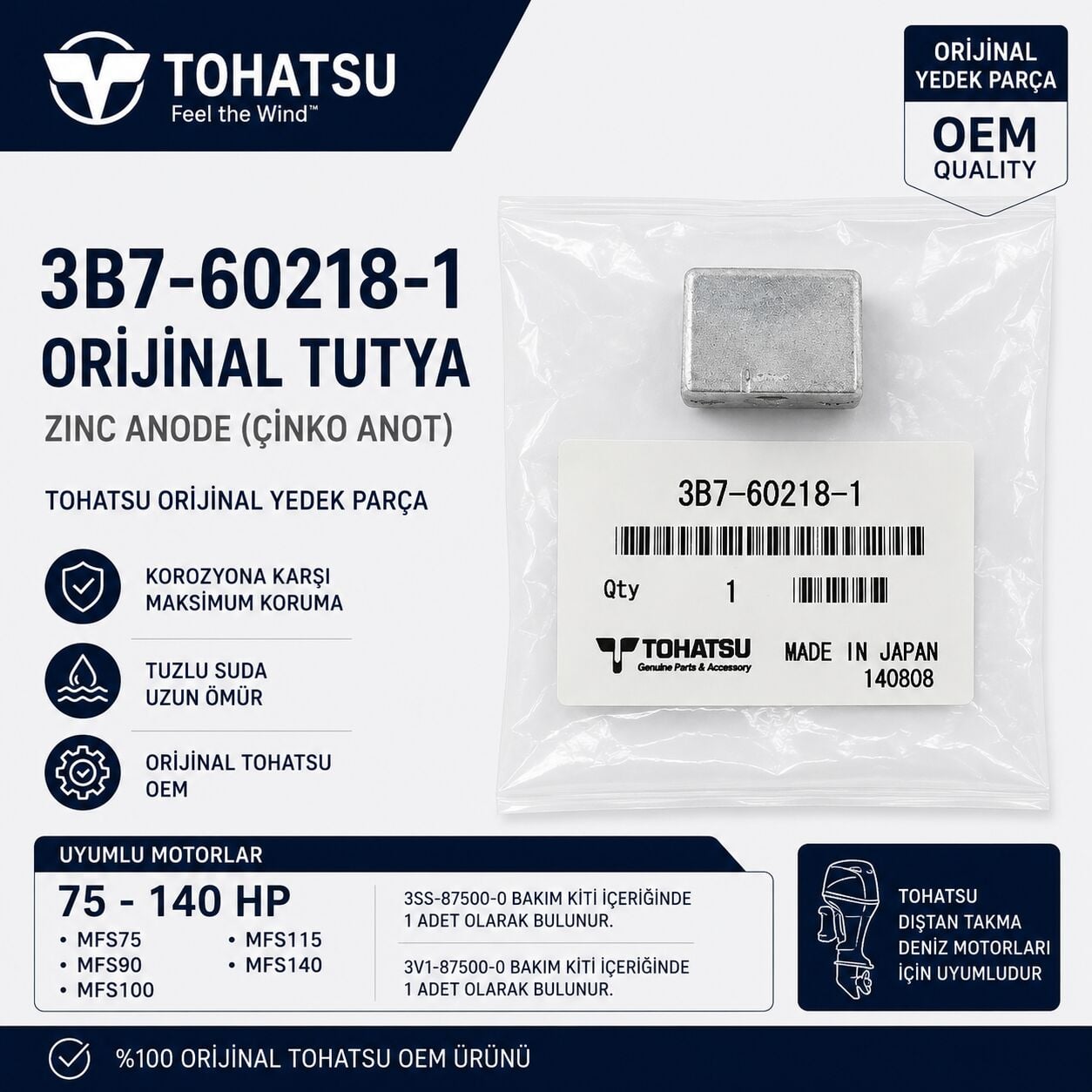 Tohatsu 3B7-60218-1 Orijinal Tutya (Çinko Anot / Zinc Anode)