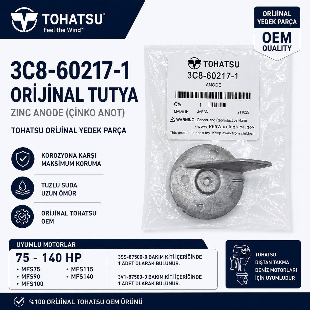 Tohatsu 3C8-60217-1 Orijinal Tutya (Çinko Anot / Zinc Anode)