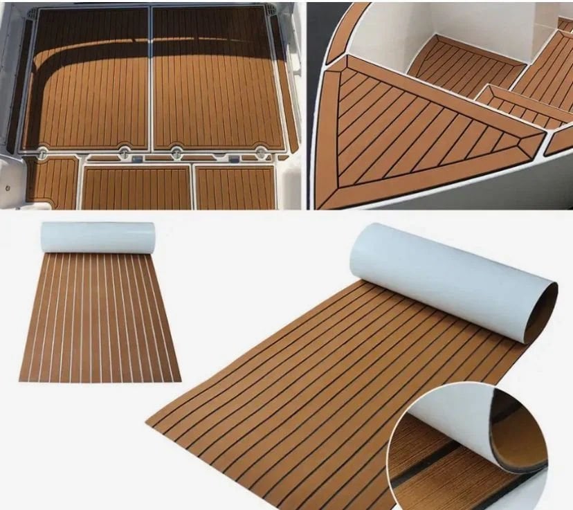 240 x 120 cm EVA Suni Teak (Tik) Deck 3M Bantlı Tekne, Yat, Havuz Kenarı ve Karavan için Zemin Kaplaması Gold-Siyah Çizgili